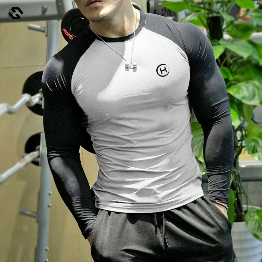 Spring and Summer New Fitness Long-sleeved Men's Quick-drying Milk Silk Body Shaping Sports Training Thin Solid Color M-3XL