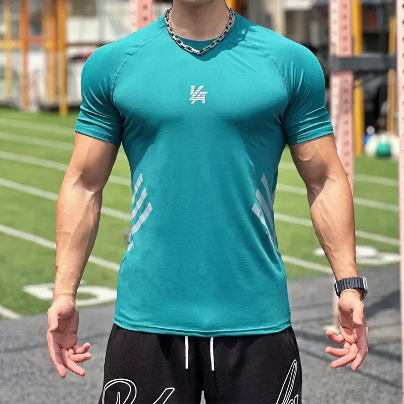 YOUNGLA American men's T-shirt new gym sports bodybuilding quick drying breathable elastic crewneck top