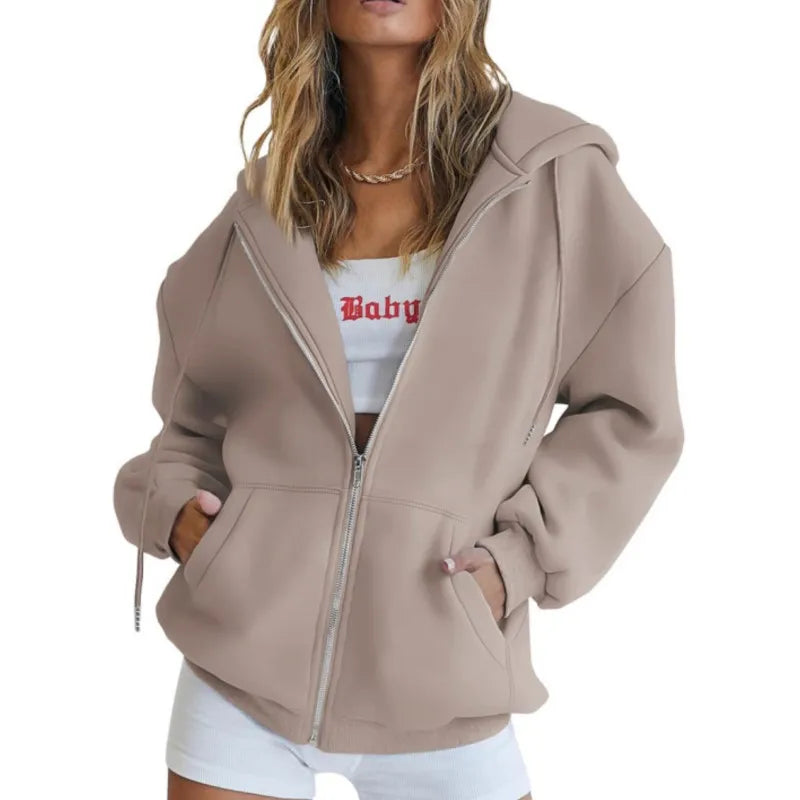 Zip Up Sweatshirt Women Autumn Winter Jacket Clothes Hoodies Daily Pockets Long Sleeve Solid Versatile Lady Hoodies