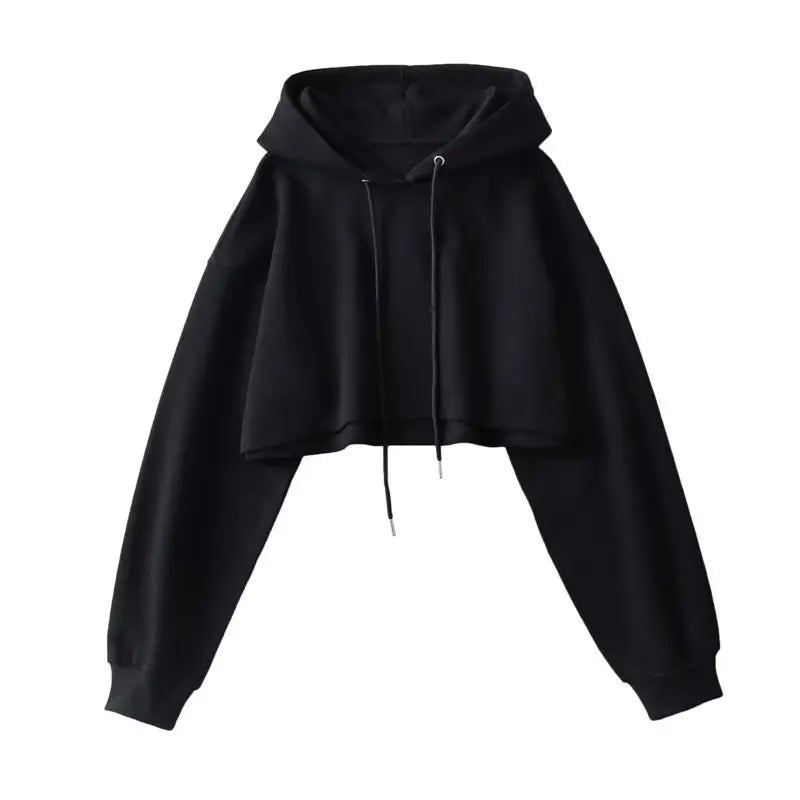Short Hooded Sweatshirts Women Fashion Solid Color Long Sleeve Crop Tops Korean Streetwear Pullover Hoodies Female