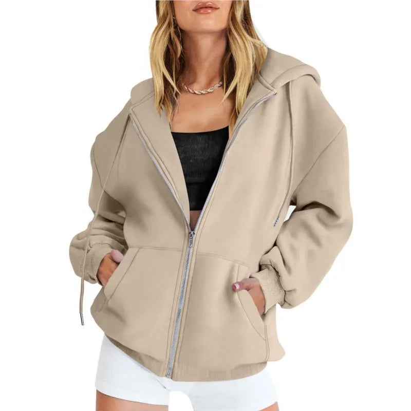 Zip Up Sweatshirt Women Autumn Winter Jacket Clothes Hoodies Daily Pockets Long Sleeve Solid Versatile Lady Hoodies