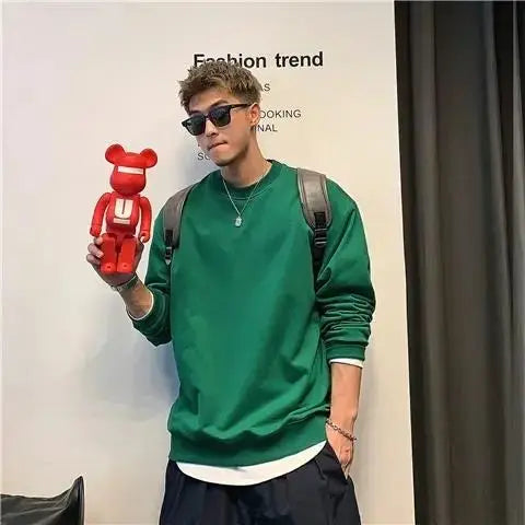 American Round Neck Hatless Sweatshirt for Men Spring Autumn Style Versatile Simple Solid Color Loose Inner Top Trendy