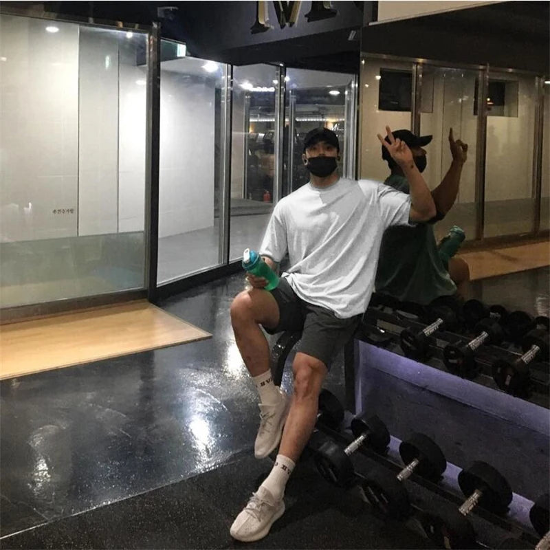 Plain Gym Clothing Fitness Mens Oversized T Shirt Outdoor Hip Hop Streetwear Loose Half Sleeve T-shirt Bodybuilding Tee Shirt