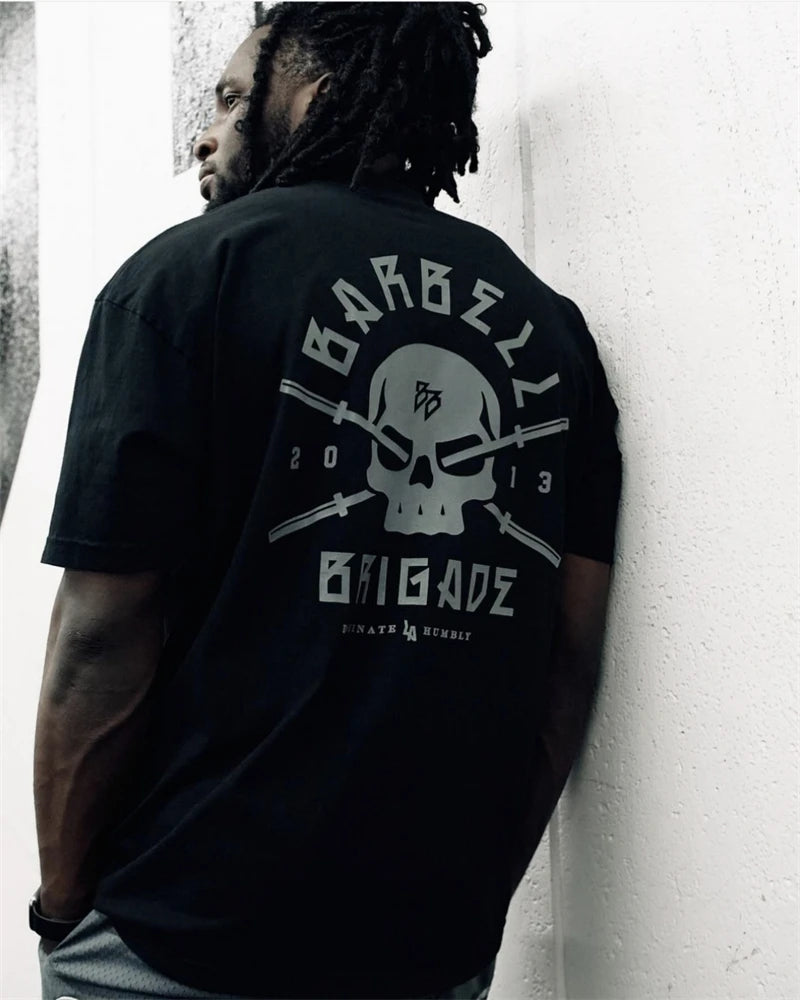 BARBELL BRIGADE Gym Fitness T-shirt Loose Oversize Cotton Men Short Sleeves Bodybuilding Sports Tee Summer Training Workout Tops