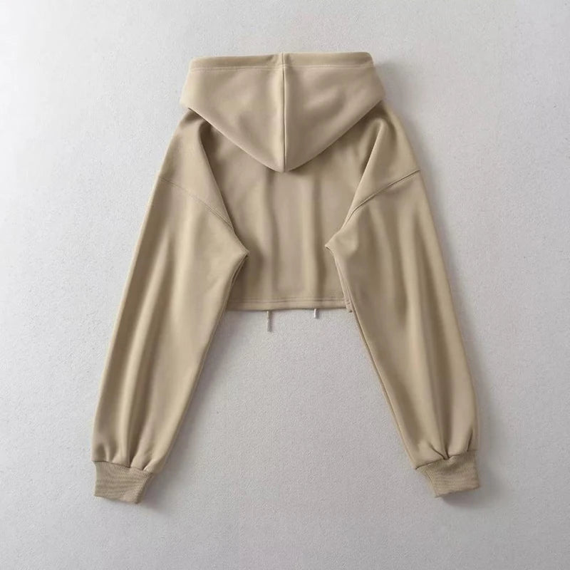 Short Hooded Sweatshirts Women Fashion Solid Color Long Sleeve Crop Tops Korean Streetwear Pullover Hoodies Female