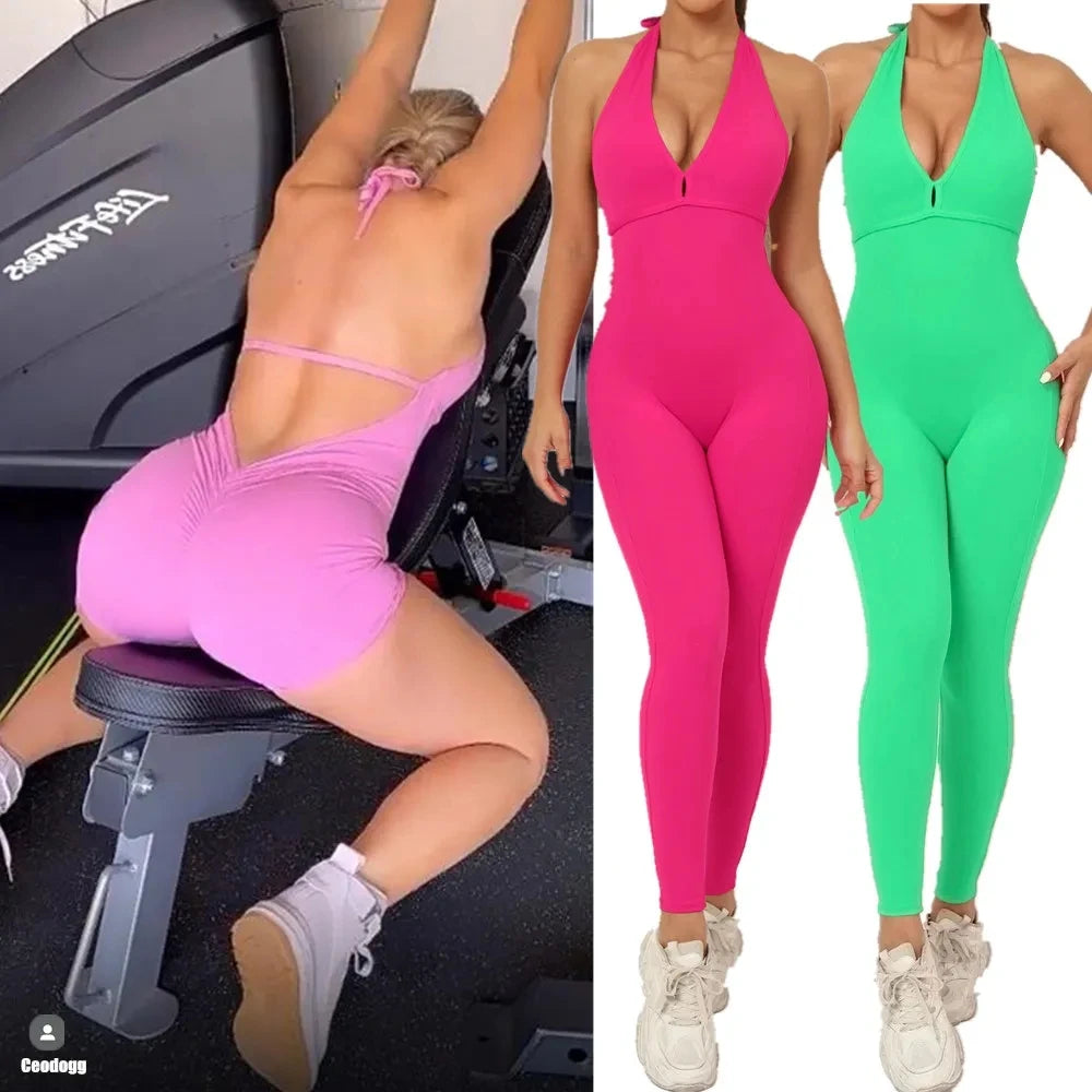 Deep V Halter Sleeveless Backless Yoga Sets Sport One Piece Jumpsuit Woman Sportwear Gym Workout Overalls Active Wear