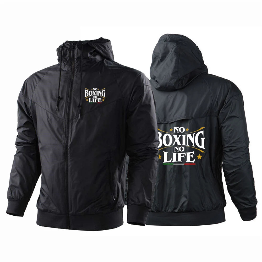 No Boxing No Life Gym Men's Spring and Autumn Thin Windproof Casual Hooded Color Matching Fashion Printing Windbreaker Coat