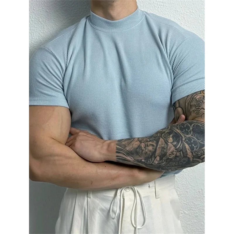 spring summer Elastic Men's T-shirt Small high collar stripe shirt short sleeve fitness top leisure sport T-shirt Men sportswear