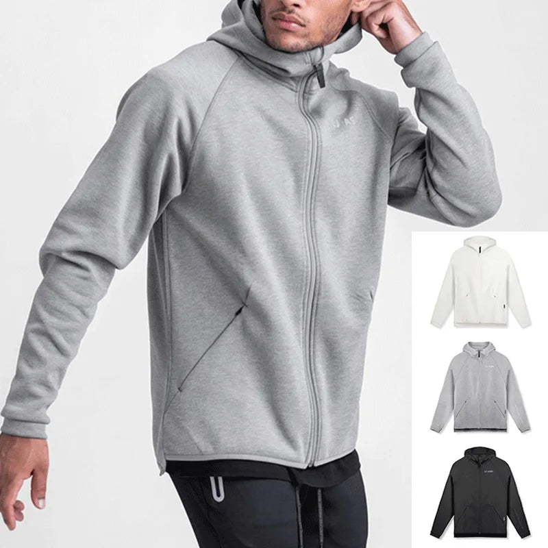 Men's Gym Sports Hoodies Cotton Elastic Hooded Male Fitness Running Loose Jackets Outdoor Zipper Coats Casual Workout Sportwear
