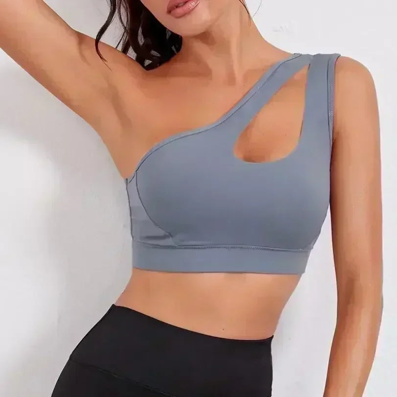 Sexy One Shoulder Yoga Bras Women Sports Top Crop Athletic Vest Push Up Underwear BH Sports Bra Sportswear Wire Free Gym Shirts