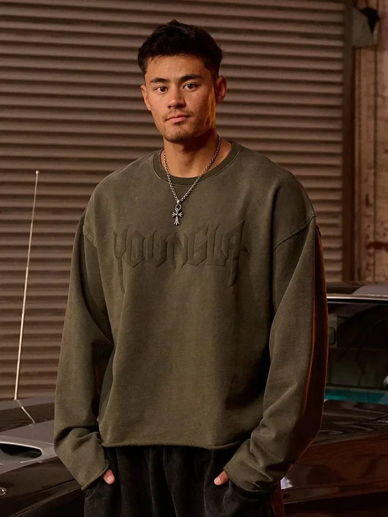 YOUNGLA American new men's crewneck fashion brand hoodie heavy wool foam print casual long sleeve
