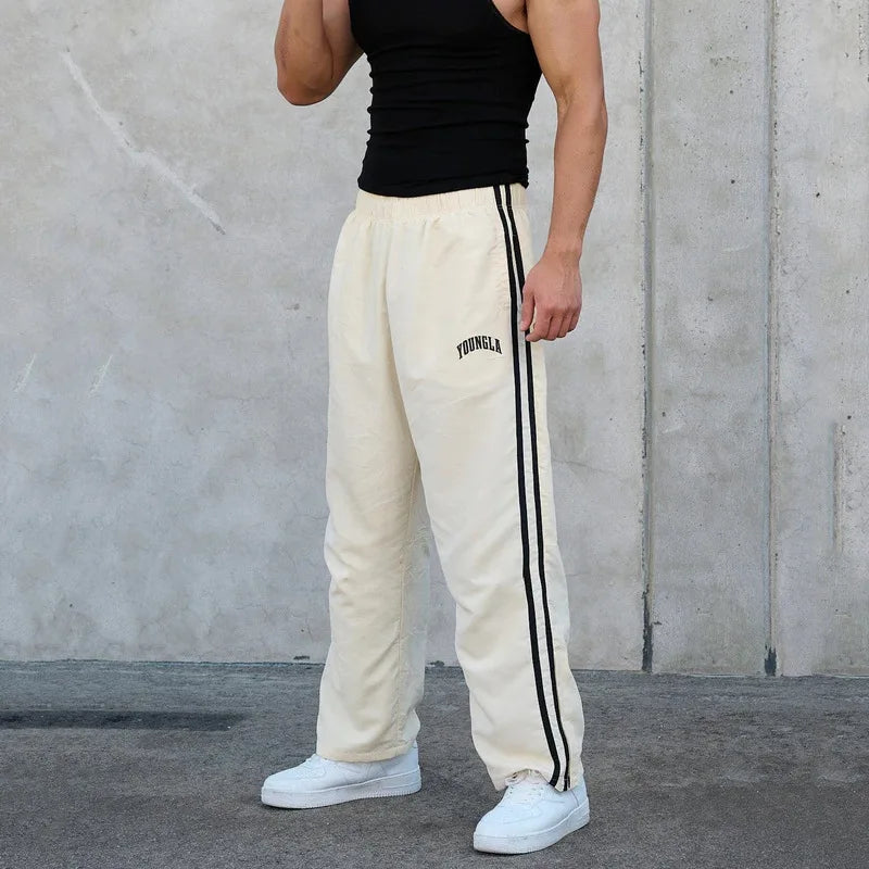Men's sweatpants, webbing, striped panels, embroidered casual pants, gym sports straight-leg pants, stylish and simple wear
