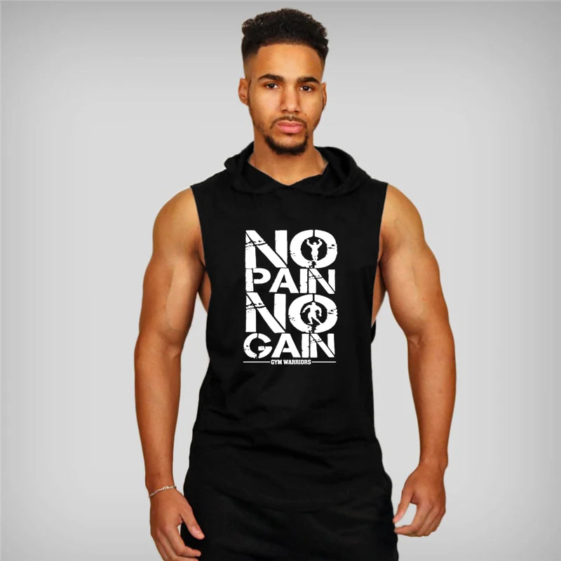Mens Bodybuilding "no pain, no gain" Sleeveless Hooded Shirts Summer Breathable Loose Cotton Hip Hop Tank Tops Gym Workout Fitness Muscle Hoodie