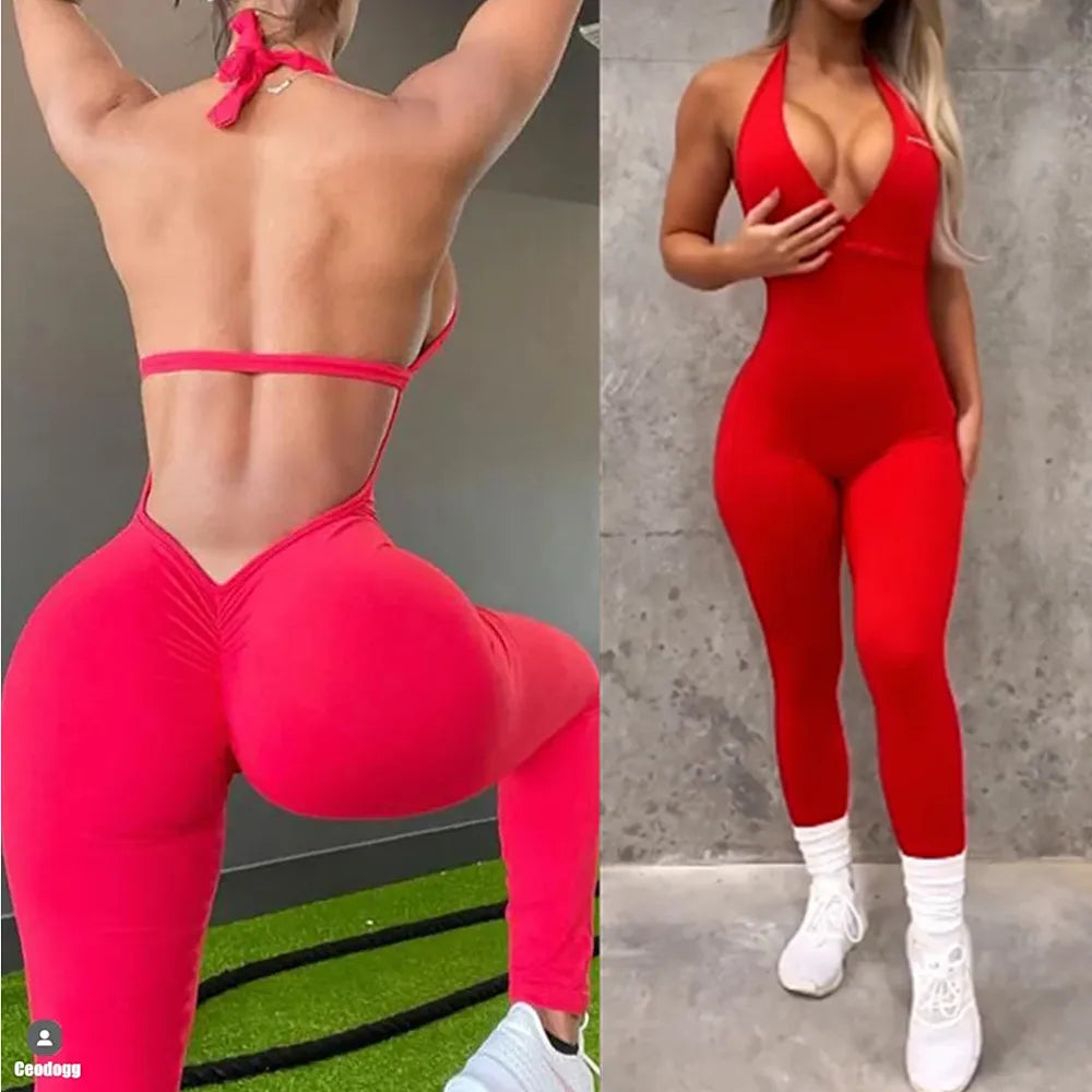 Deep V Halter Sleeveless Backless Yoga Sets Sport One Piece Jumpsuit Woman Sportwear Gym Workout Overalls Active Wear