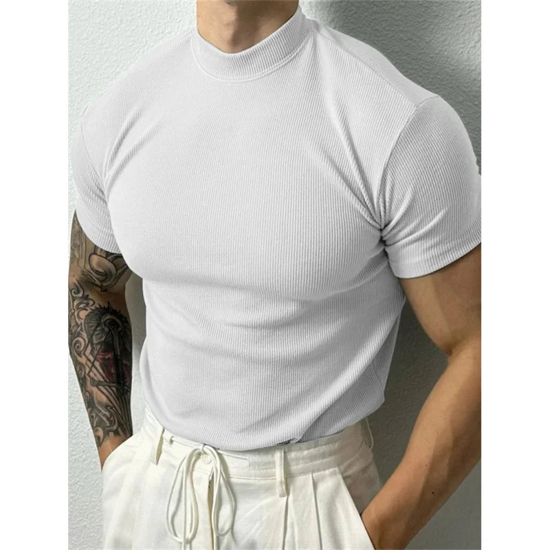 spring summer Elastic Men's T-shirt Small high collar stripe shirt short sleeve fitness top leisure sport T-shirt Men sportswear