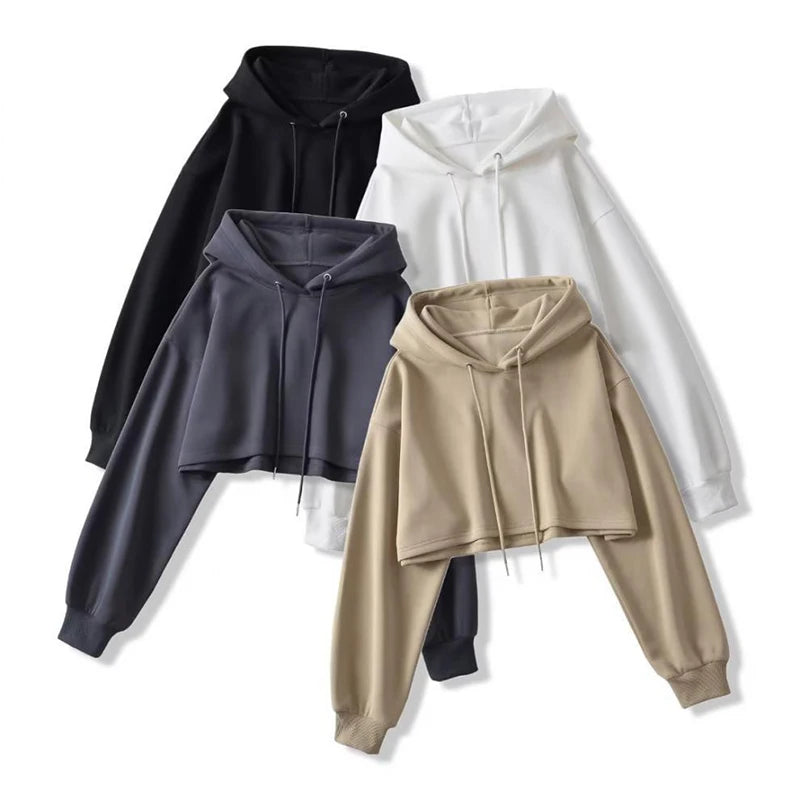 Short Hooded Sweatshirts Women Fashion Solid Color Long Sleeve Crop Tops Korean Streetwear Pullover Hoodies Female