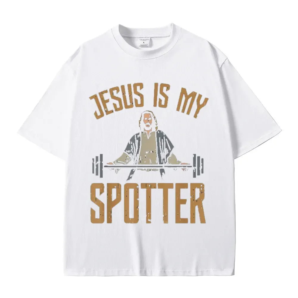 Jesus Is My Spotter Christ Gym T Shirt Men's Vintage T Shirts Cotton O-Neck Oversized T-shirts Streetwear