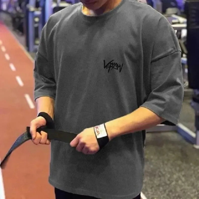 Summer New Fitness Sports T Shirt Oversized Cotton Tshirt Training Running Gym Man Tees Crew Neck