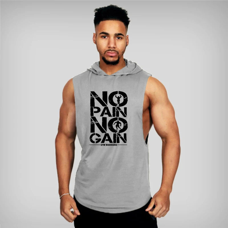 Mens Bodybuilding "no pain, no gain" Sleeveless Hooded Shirts Summer Breathable Loose Cotton Hip Hop Tank Tops Gym Workout Fitness Muscle Hoodie