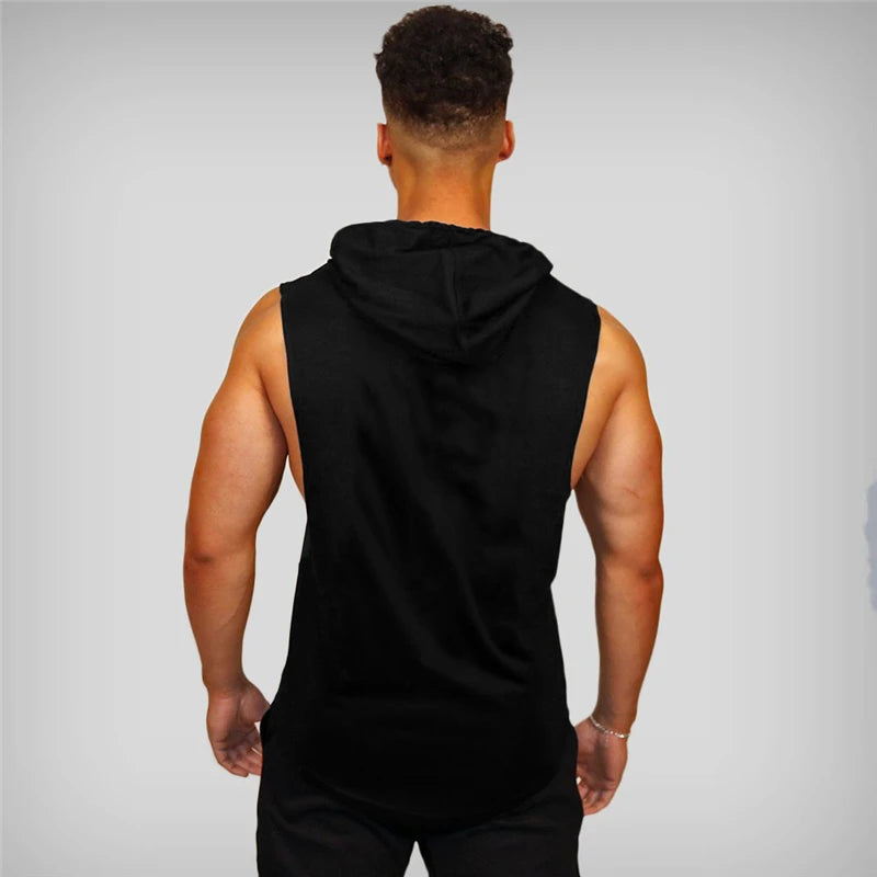 Mens Bodybuilding "no pain, no gain" Sleeveless Hooded Shirts Summer Breathable Loose Cotton Hip Hop Tank Tops Gym Workout Fitness Muscle Hoodie