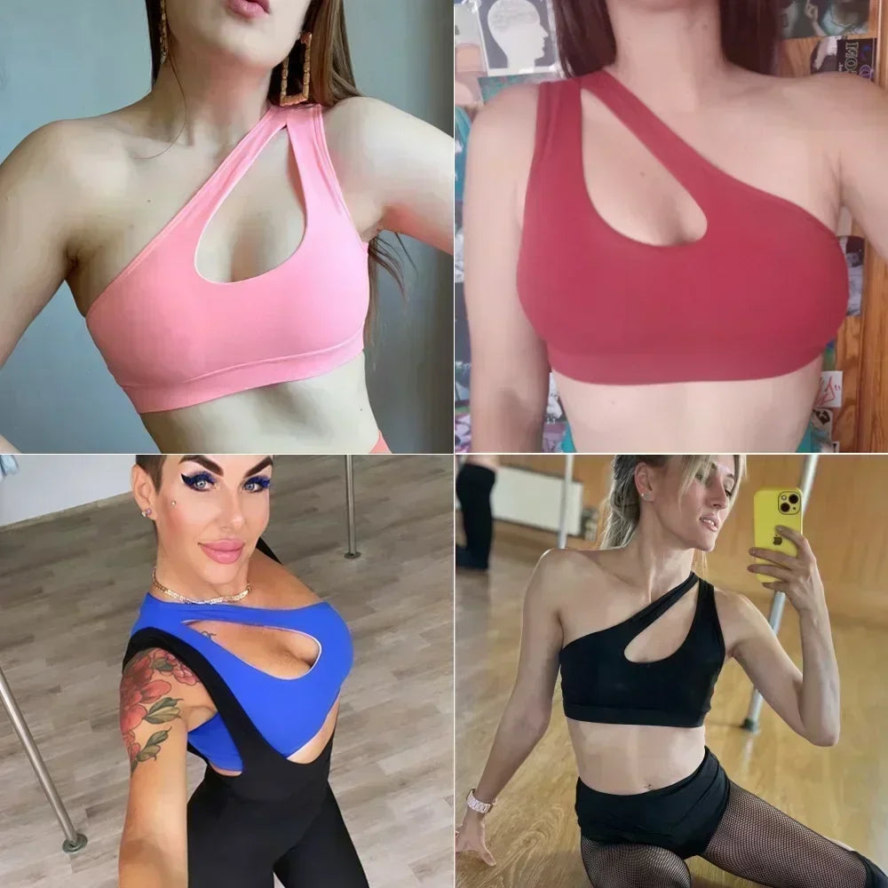 Sexy One Shoulder Yoga Bras Women Sports Top Crop Athletic Vest Push Up Underwear BH Sports Bra Sportswear Wire Free Gym Shirts