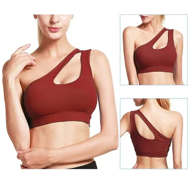 Sexy One Shoulder Yoga Bras Women Sports Top Crop Athletic Vest Push Up Underwear BH Sports Bra Sportswear Wire Free Gym Shirts