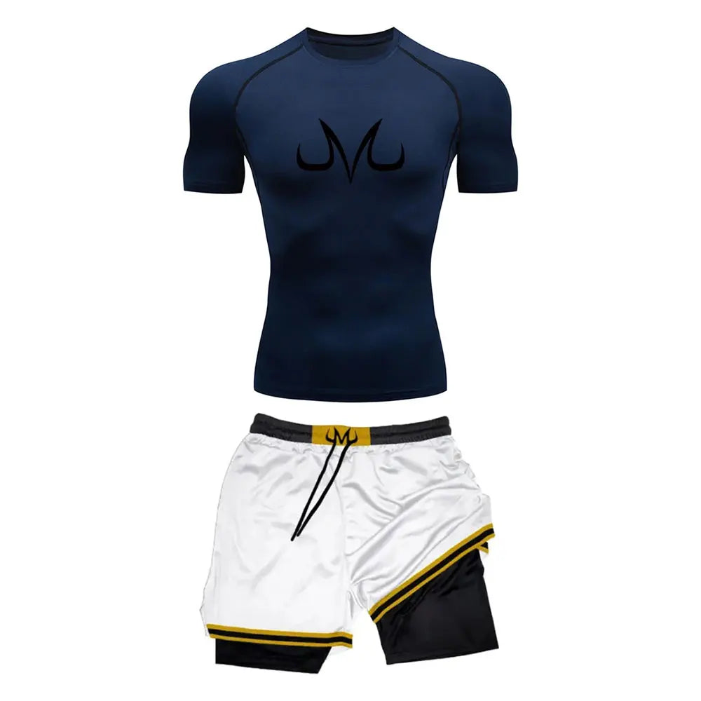 Men's Running Tracksuit Anime Print Training Fitness Sportswear Set Compression Leggings Sport Gym Performance Shorts Rash Guard