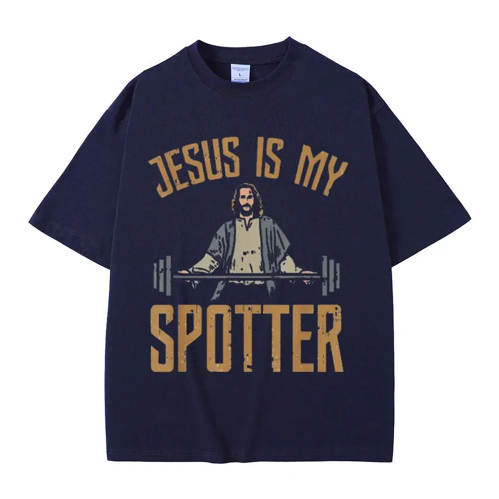 Jesus Is My Spotter Christ Gym T Shirt Men's Vintage T Shirts Cotton O-Neck Oversized T-shirts Streetwear