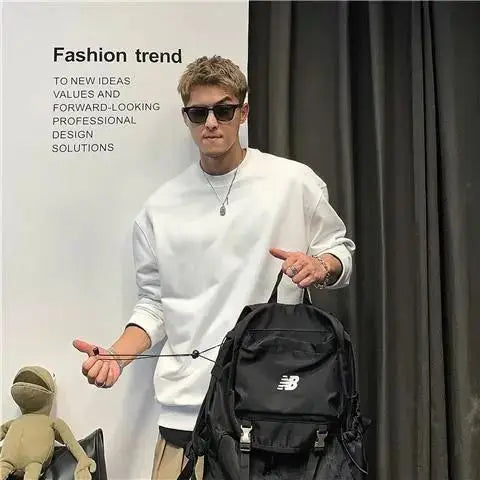 American Round Neck Hatless Sweatshirt for Men Spring Autumn Style Versatile Simple Solid Color Loose Inner Top Trendy