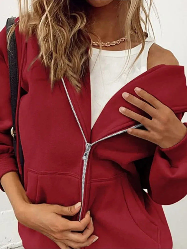 Autumn Winter Zipper Cardigan Hooded Sweatshirt Women Sporty Style Splice Double Pocket Hoodie Female Casual Warm Top Sportswear