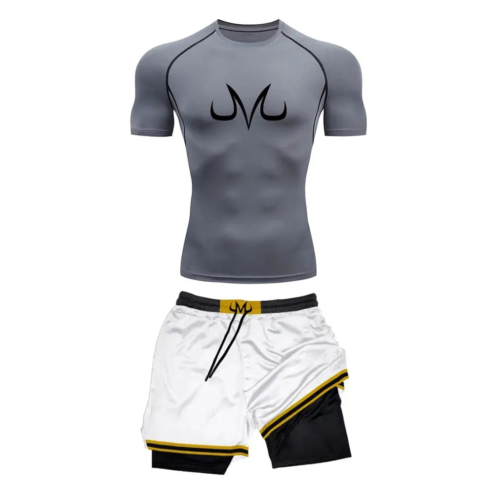 Men's Running Tracksuit Anime Print Training Fitness Sportswear Set Compression Leggings Sport Gym Performance Shorts Rash Guard
