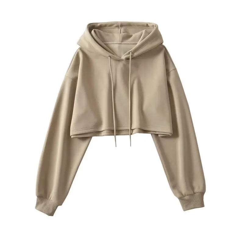 Short Hooded Sweatshirts Women Fashion Solid Color Long Sleeve Crop Tops Korean Streetwear Pullover Hoodies Female