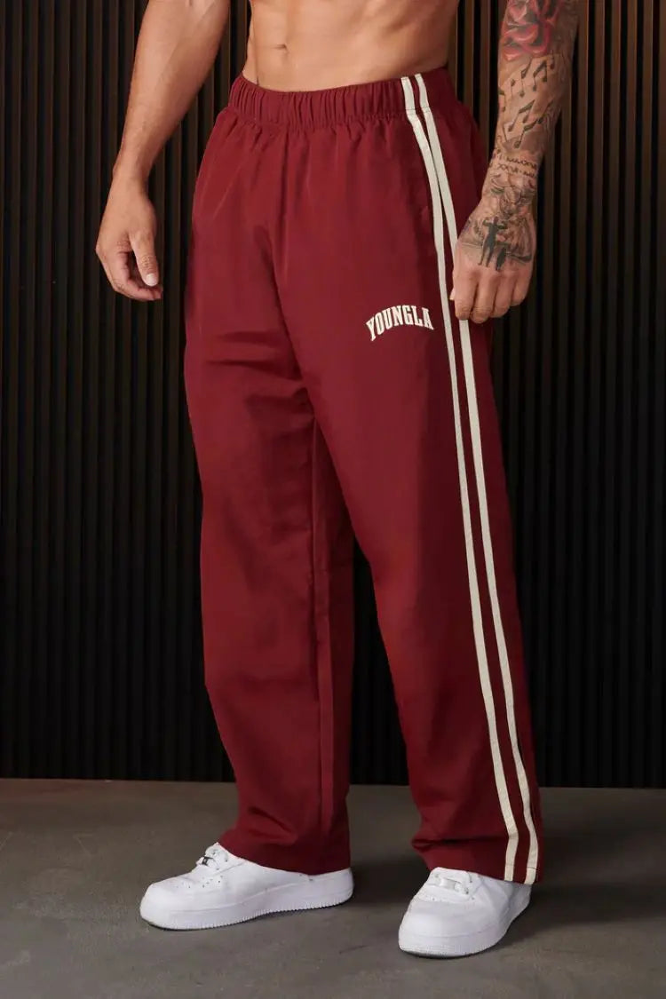 Men's sweatpants, webbing, striped panels, embroidered casual pants, gym sports straight-leg pants, stylish and simple wear
