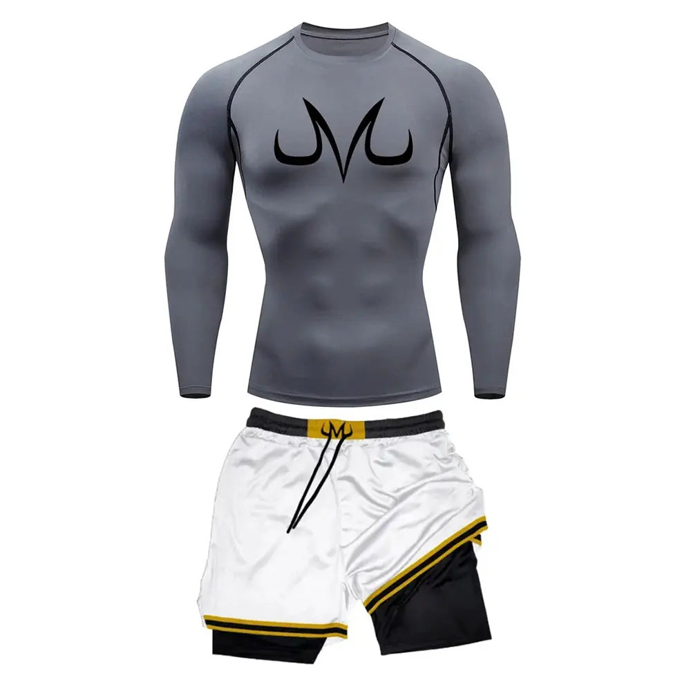 Men's Running Tracksuit Anime Print Training Fitness Sportswear Set Compression Leggings Sport Gym Performance Shorts Rash Guard