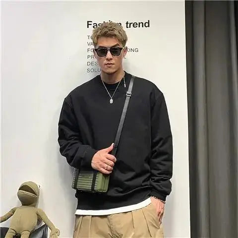 American Round Neck Hatless Sweatshirt for Men Spring Autumn Style Versatile Simple Solid Color Loose Inner Top Trendy