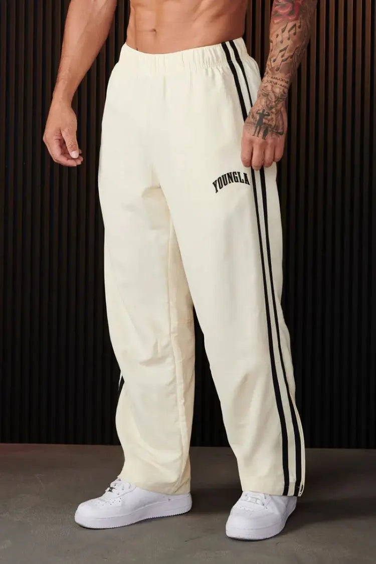 Men's sweatpants, webbing, striped panels, embroidered casual pants, gym sports straight-leg pants, stylish and simple wear