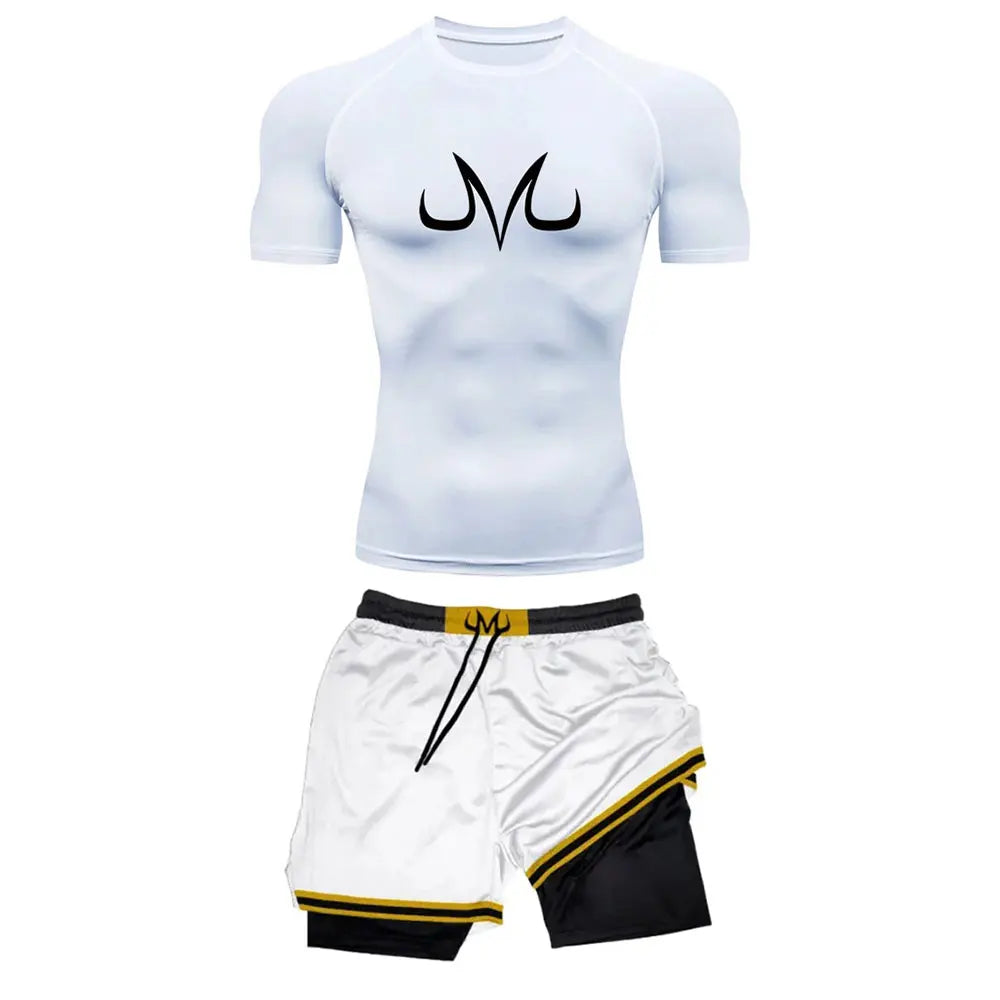 Men's Running Tracksuit Anime Print Training Fitness Sportswear Set Compression Leggings Sport Gym Performance Shorts Rash Guard