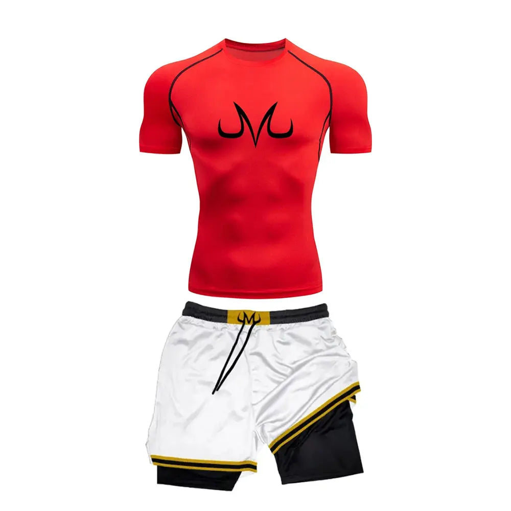 Men's Running Tracksuit Anime Print Training Fitness Sportswear Set Compression Leggings Sport Gym Performance Shorts Rash Guard