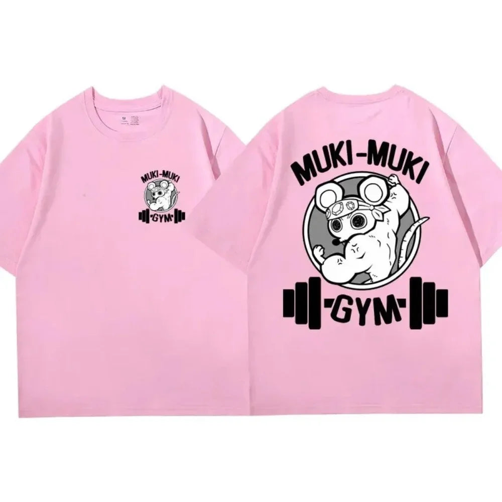 Men's T-Shirt Muki- Muki Mice Gym Printed T-shirt Cotton Sports Leisure Short Sleeve Fitness Workout Shirt Oversized Tee Shirt Men Clothes