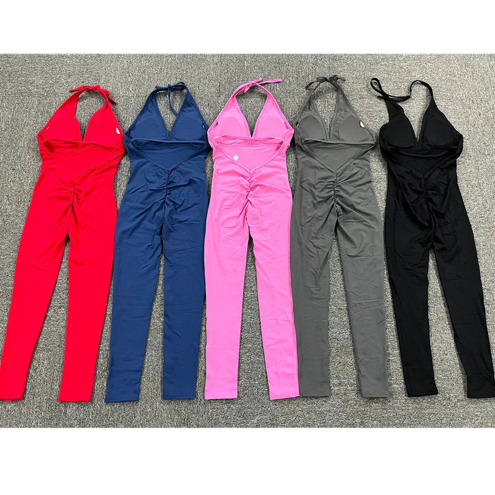 Deep V Halter Sleeveless Backless Yoga Sets Sport One Piece Jumpsuit Woman Sportwear Gym Workout Overalls Active Wear