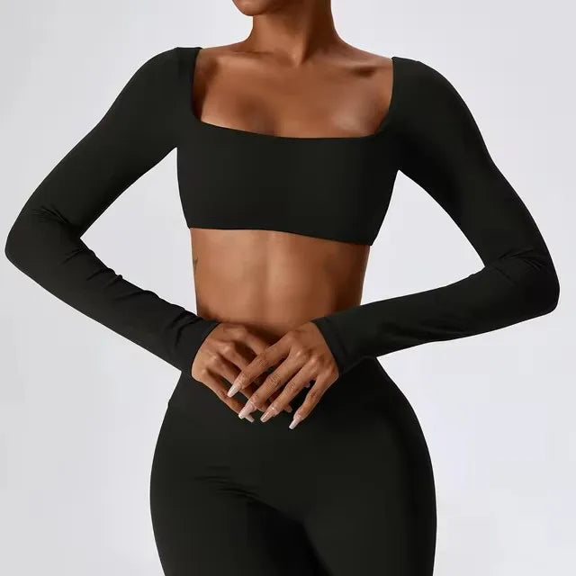 Gym Sport Wear Women Crop Tops Yoga T-shirts Solid Sports Top Long Sleeve Running Shirts Sexy Exposed Navel Quick Dry Fitness