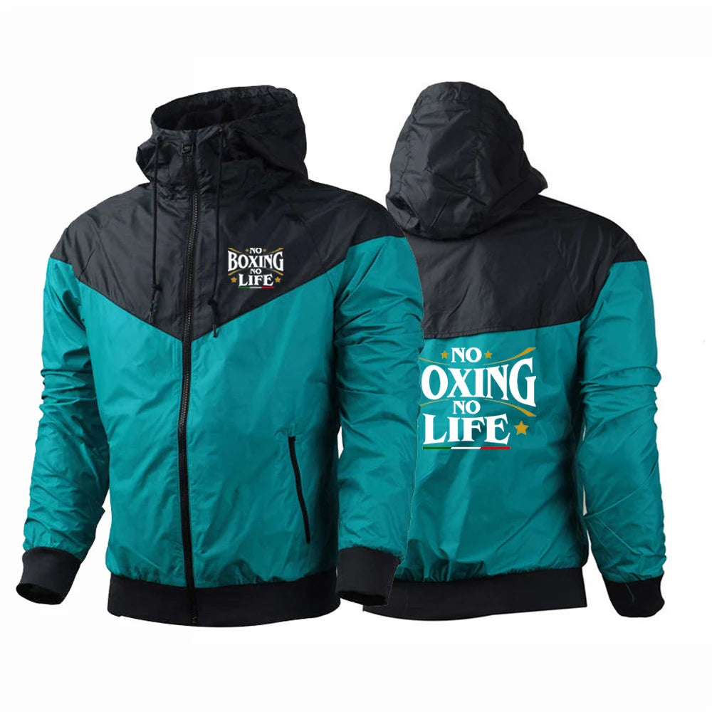 No Boxing No Life Gym Men's Spring and Autumn Thin Windproof Casual Hooded Color Matching Fashion Printing Windbreaker Coat