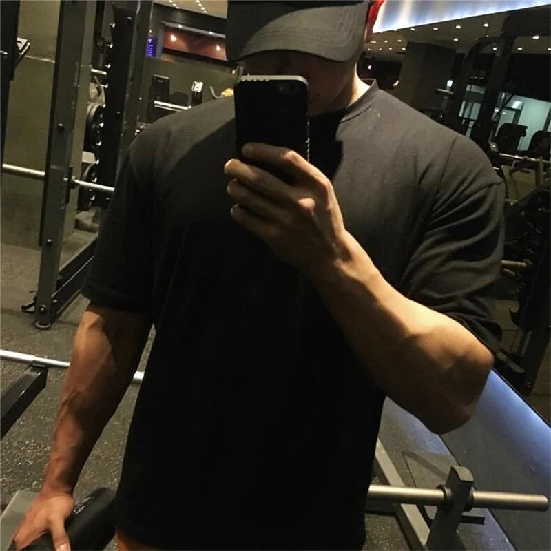Plain Gym Clothing Fitness Mens Oversized T Shirt Outdoor Hip Hop Streetwear Loose Half Sleeve T-shirt Bodybuilding Tee Shirt