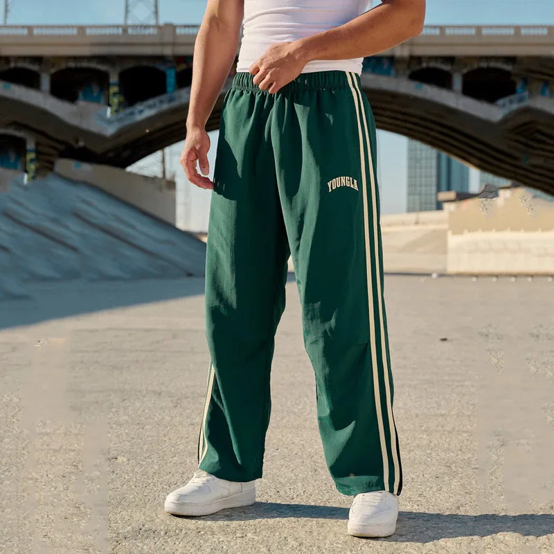 Men's sweatpants, webbing, striped panels, embroidered casual pants, gym sports straight-leg pants, stylish and simple wear