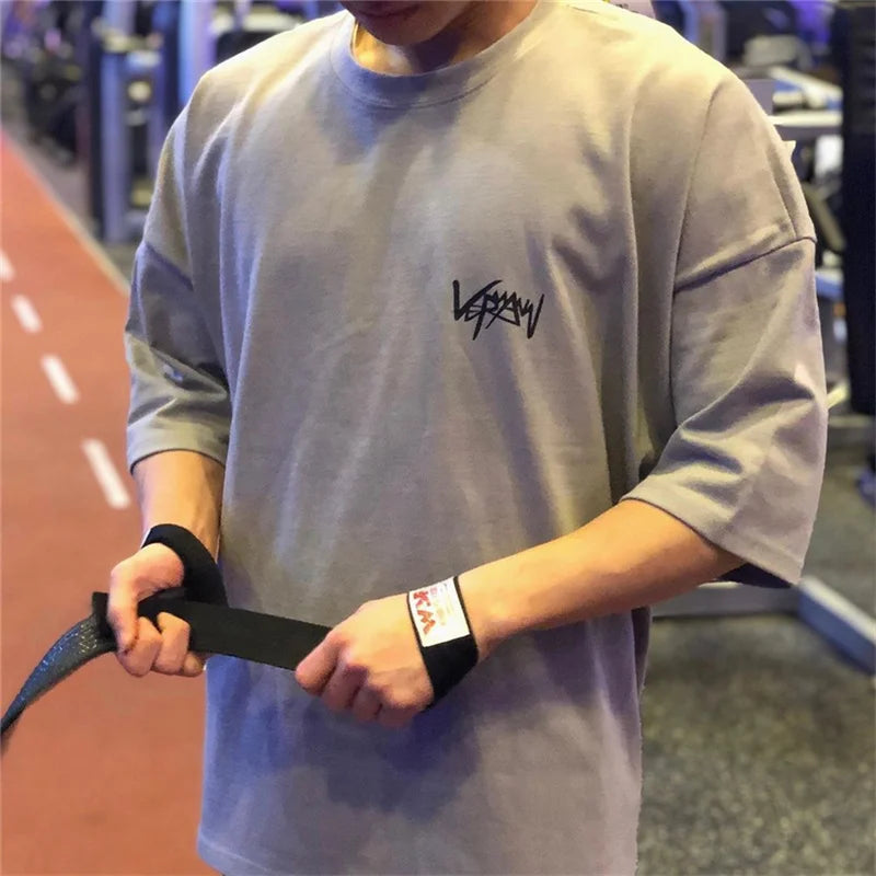 Round Collar sports T Shirt Oversize Cotton Summer Tee Training running shirt Man Streetwear Half Sleeve men T-shirt