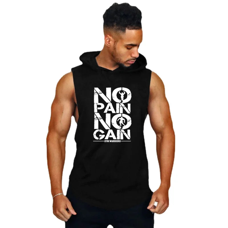Mens Bodybuilding "no pain, no gain" Sleeveless Hooded Shirts Summer Breathable Loose Cotton Hip Hop Tank Tops Gym Workout Fitness Muscle Hoodie