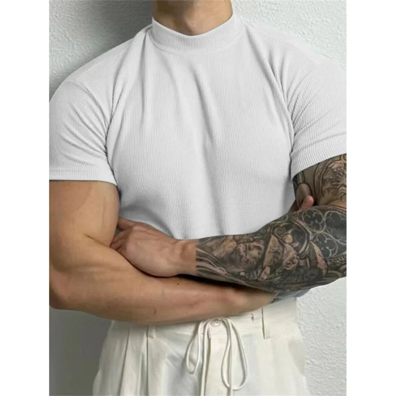 spring summer Elastic Men's T-shirt Small high collar stripe shirt short sleeve fitness top leisure sport T-shirt Men sportswear