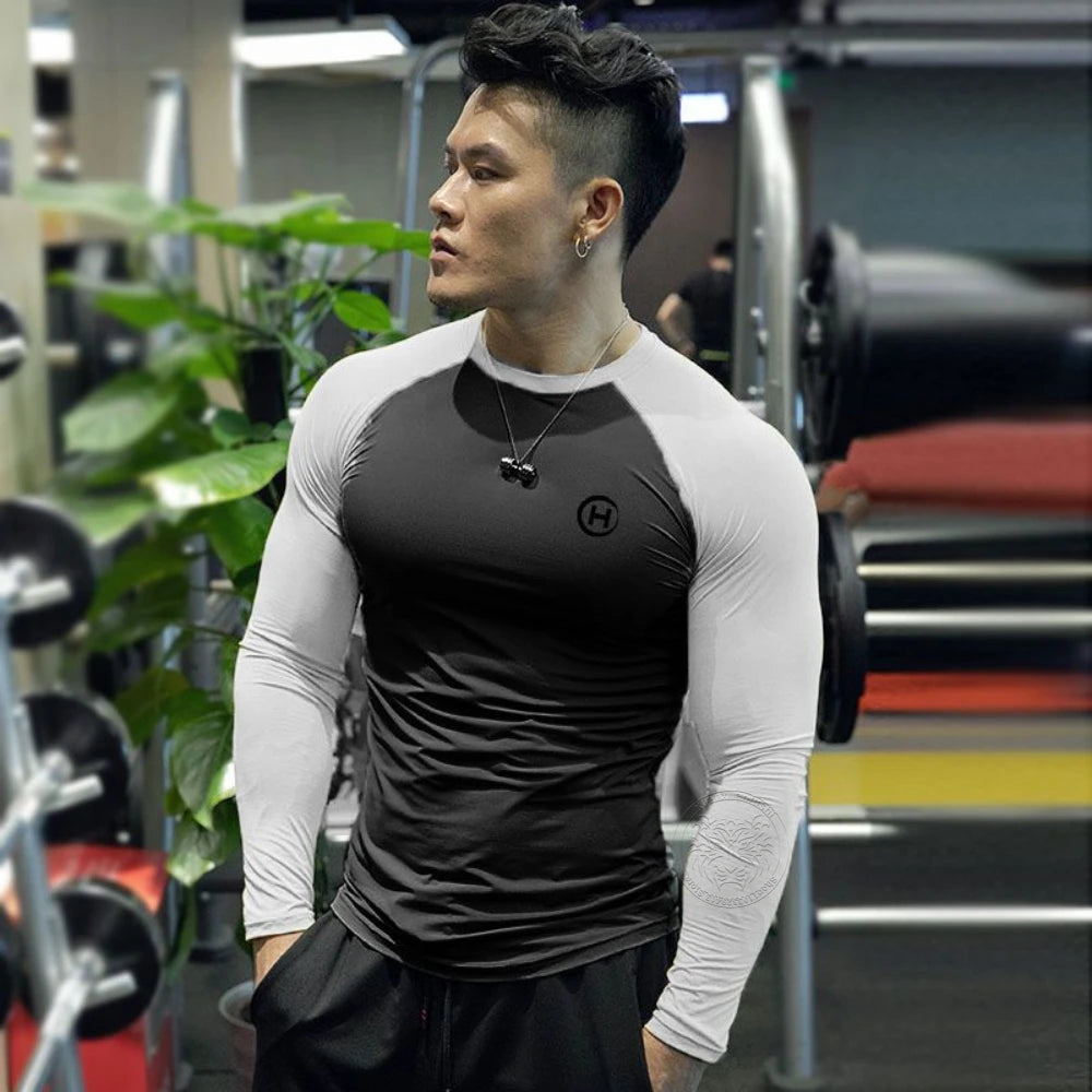 Spring and Summer New Fitness Long-sleeved Men's Quick-drying Milk Silk Body Shaping Sports Training Thin Solid Color M-3XL