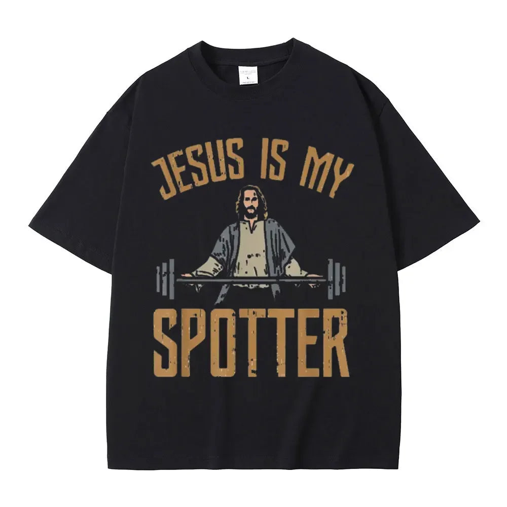 Jesus Is My Spotter Christ Gym T Shirt Men's Vintage T Shirts Cotton O-Neck Oversized T-shirts Streetwear