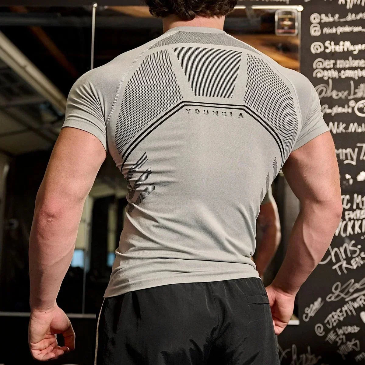 YOUNGLA American men's T-shirt new gym sports bodybuilding quick drying breathable elastic crewneck top